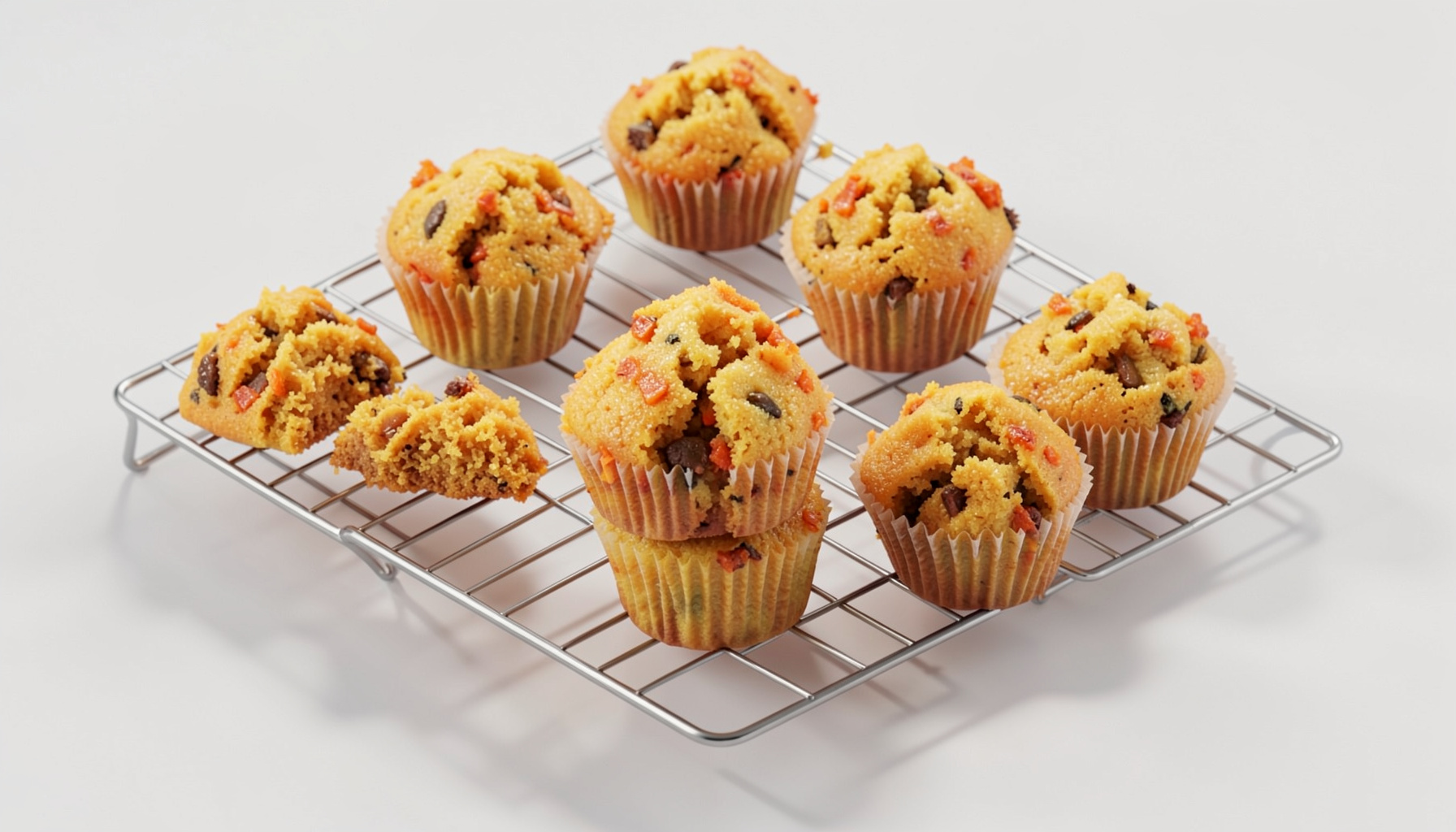 A wire cooling rack with golden-orange carrot cake pumpkin muffins, flecks of orange and brown visible, soft morning light casting gentle shadows.
