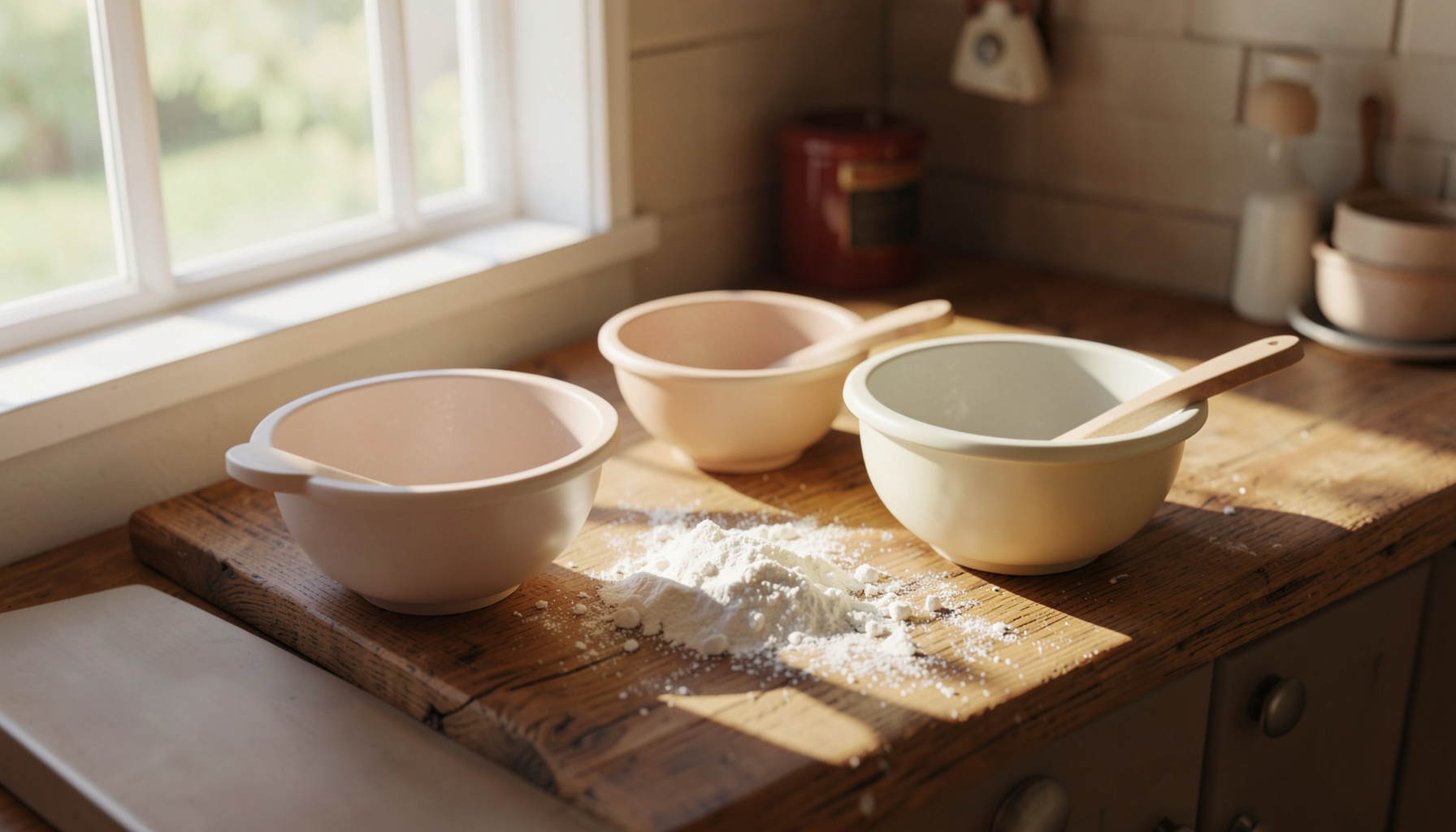 A warm kitchen countertop scene with child-sized mixing bowls, wooden spoons, and scattered flour on a rustic surface, soft natural light streaming in from a window, cozy and inviting mood.