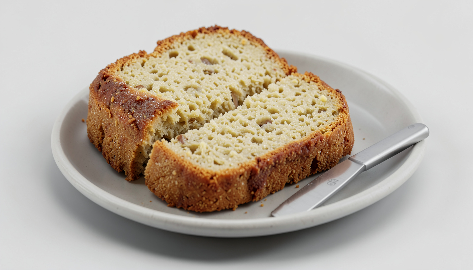 A close-up of moist banana bread slices on a ceramic plate, golden-brown crust with a tender crumb, a butter knife resting beside them.