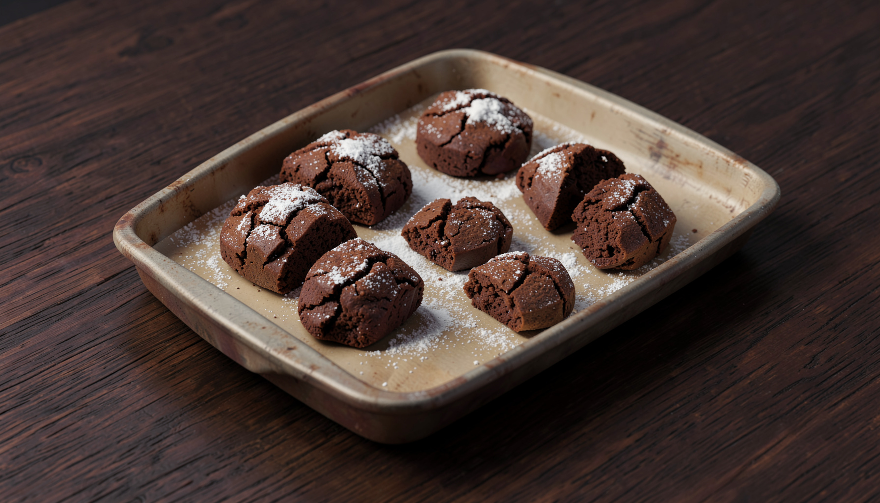 A rustic baking tray holding several chocolate biscotti with visible cracks and a dusting of powdered sugar, warm browns and creams against a dark wooden background.