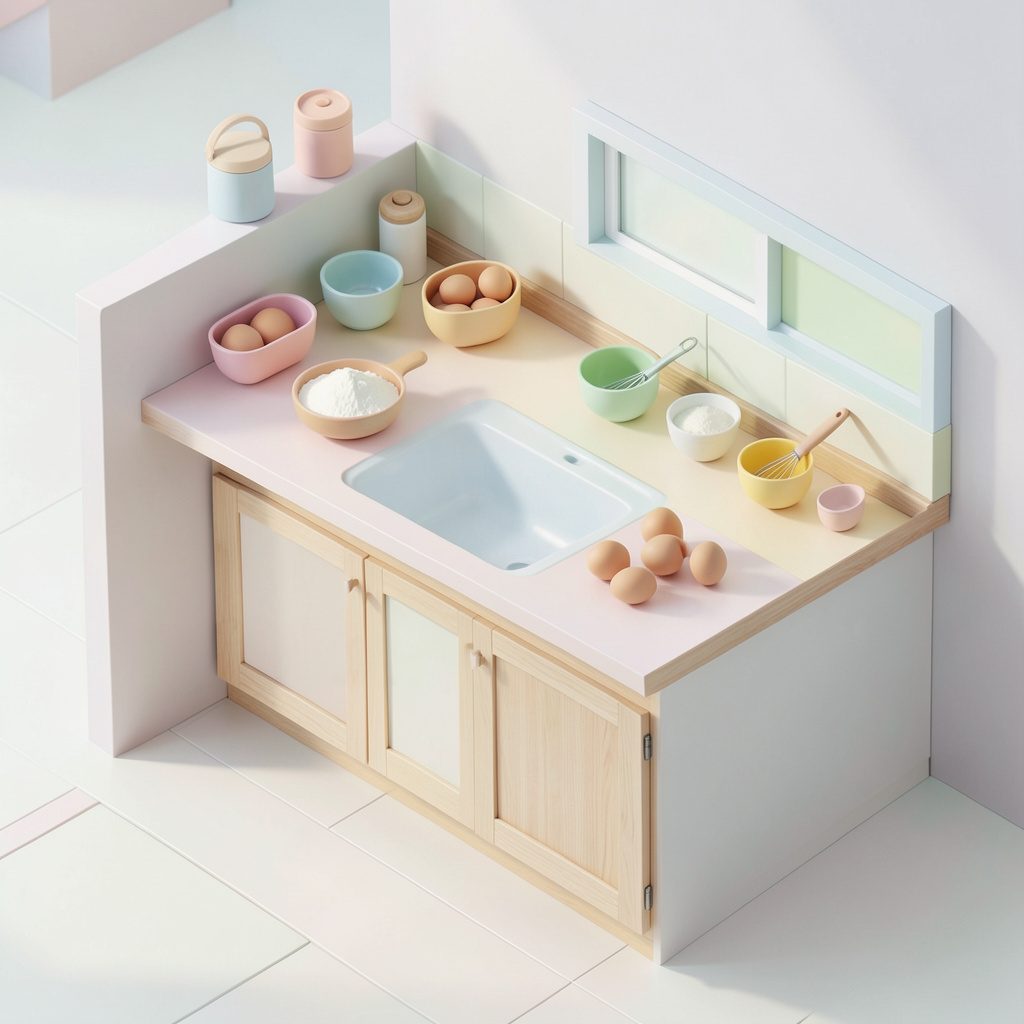An isometric 3D render of a bright kitchen scene with child-height countertops, colorful mixing bowls, a whisk, and ingredients like flour and eggs arranged neatly, soft pastel tones with warm wood accents.