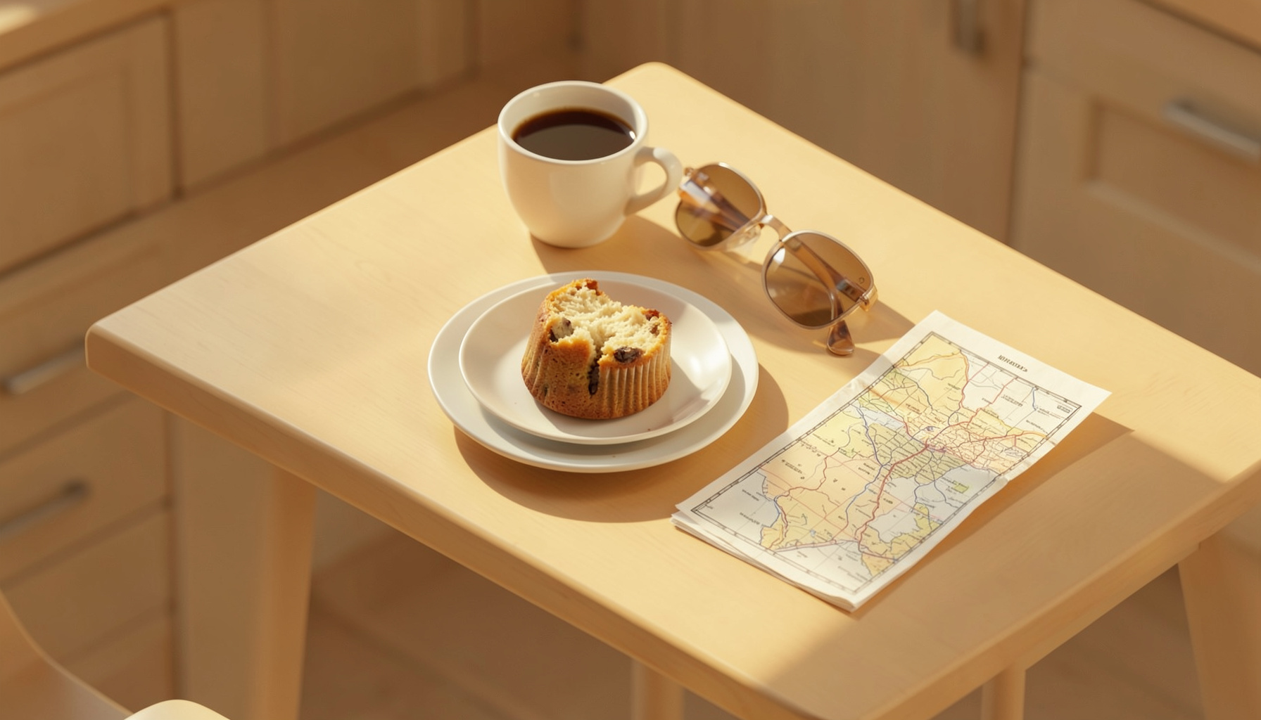 An isometric 3D render of a sunlit kitchen table with a half-eaten muffin on a plate, a cup of coffee, and a pair of sunglasses resting beside a folded map, in warm golden and sandy tones.