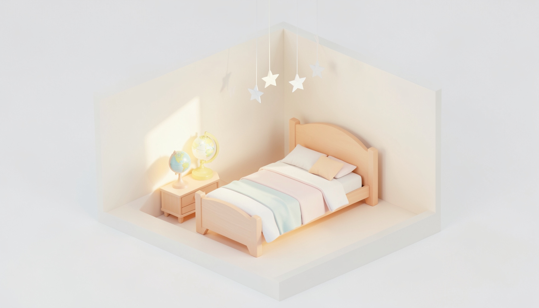 An isometric 3D render of a child's bedroom with a small bed, a globe on a nightstand, and paper stars hanging from the ceiling, in soft pastels and warm white.