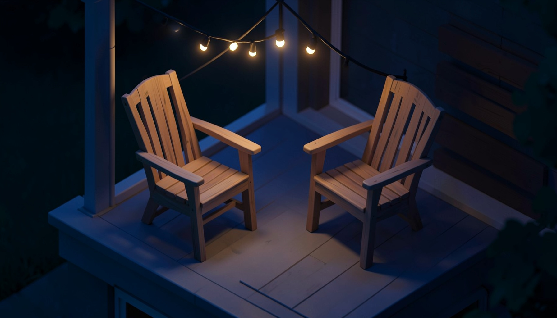 An isometric 3D render of two wooden chairs facing each other on a porch at dusk, with a soft string of lights overhead, in deep blues and warm amber.