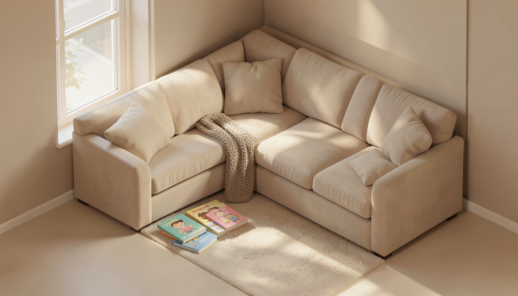 A warm, softly lit isometric 3D render of a cozy living room corner with a plush sofa, scattered children's books, a knitted throw blanket, and gentle morning light streaming through a window, in muted earth tones and cream.