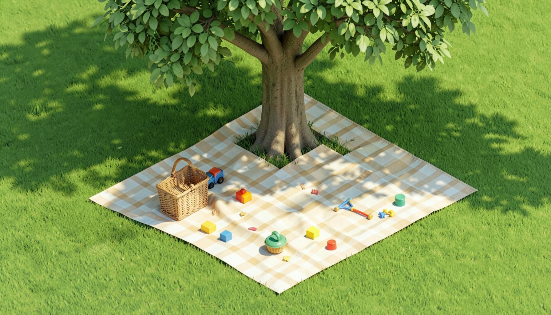 An isometric 3D render of a family picnic blanket spread on green grass under a large tree, with a wicker basket, scattered toys, and dappled sunlight, in fresh greens and warm cream.