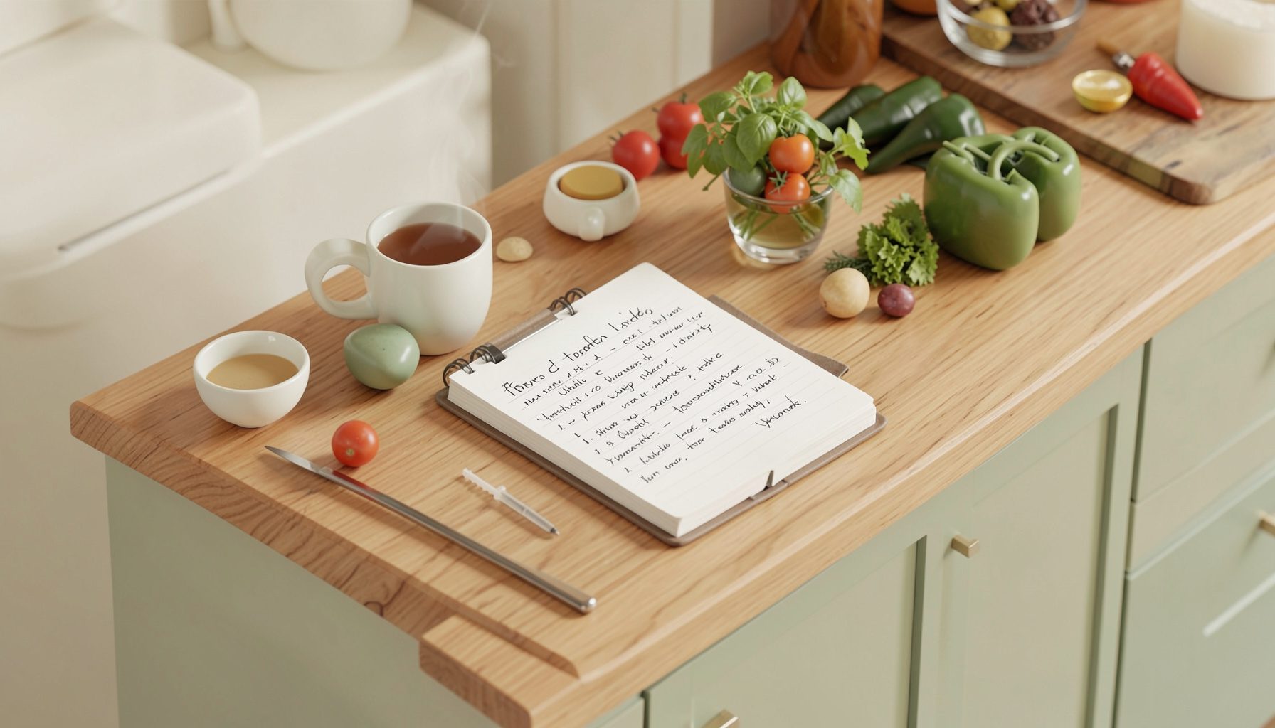 An isometric 3D render of a cozy kitchen scene with a notebook open to a handwritten food journal, a steaming mug, and fresh ingredients scattered across a wooden counter, in soft cream, sage green, and warm wood tones.