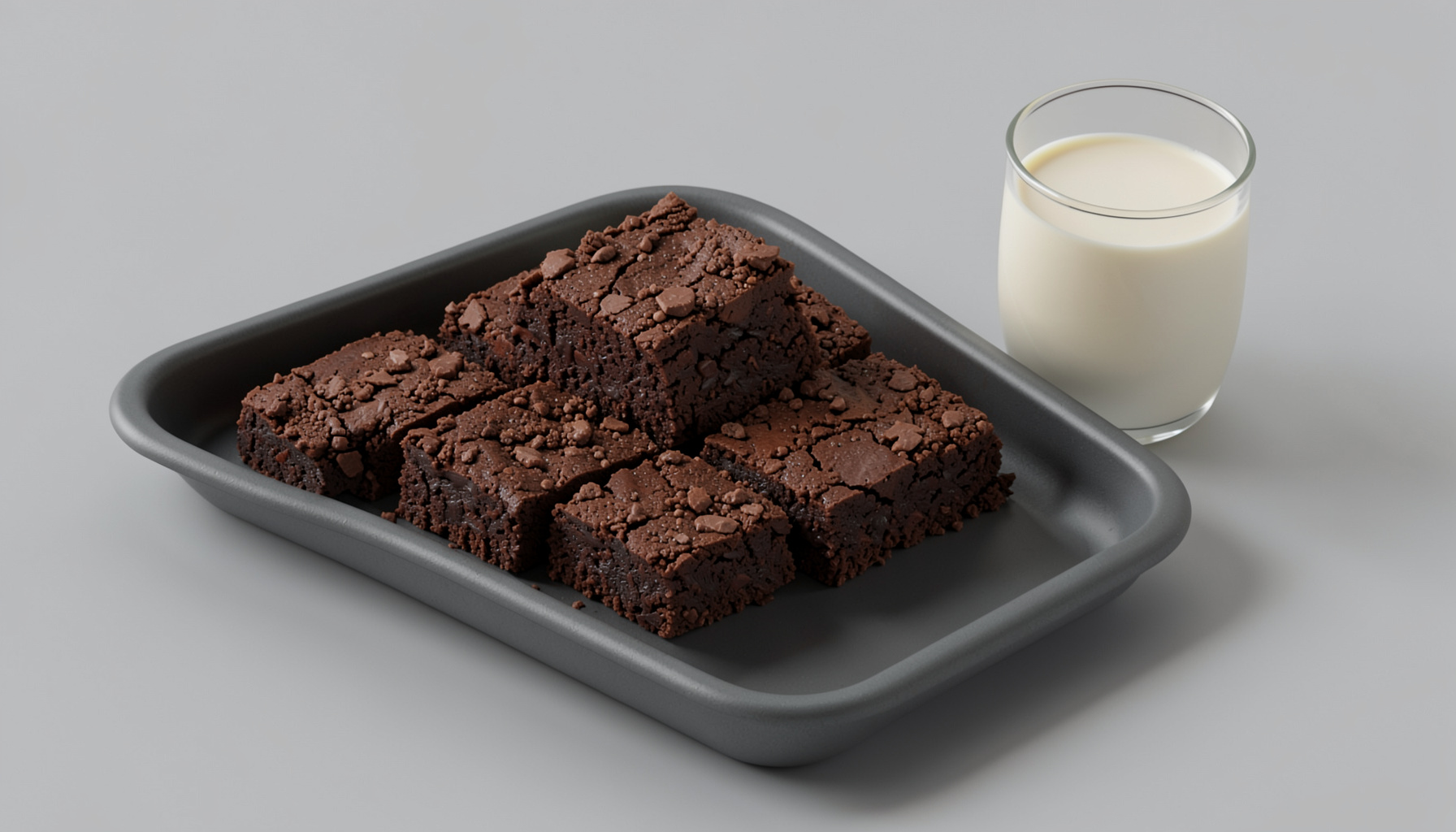 A baking tray of five-ingredient brownies, crackly on top and fudgy inside, with a glass of almond milk beside it, deep chocolate tones.
