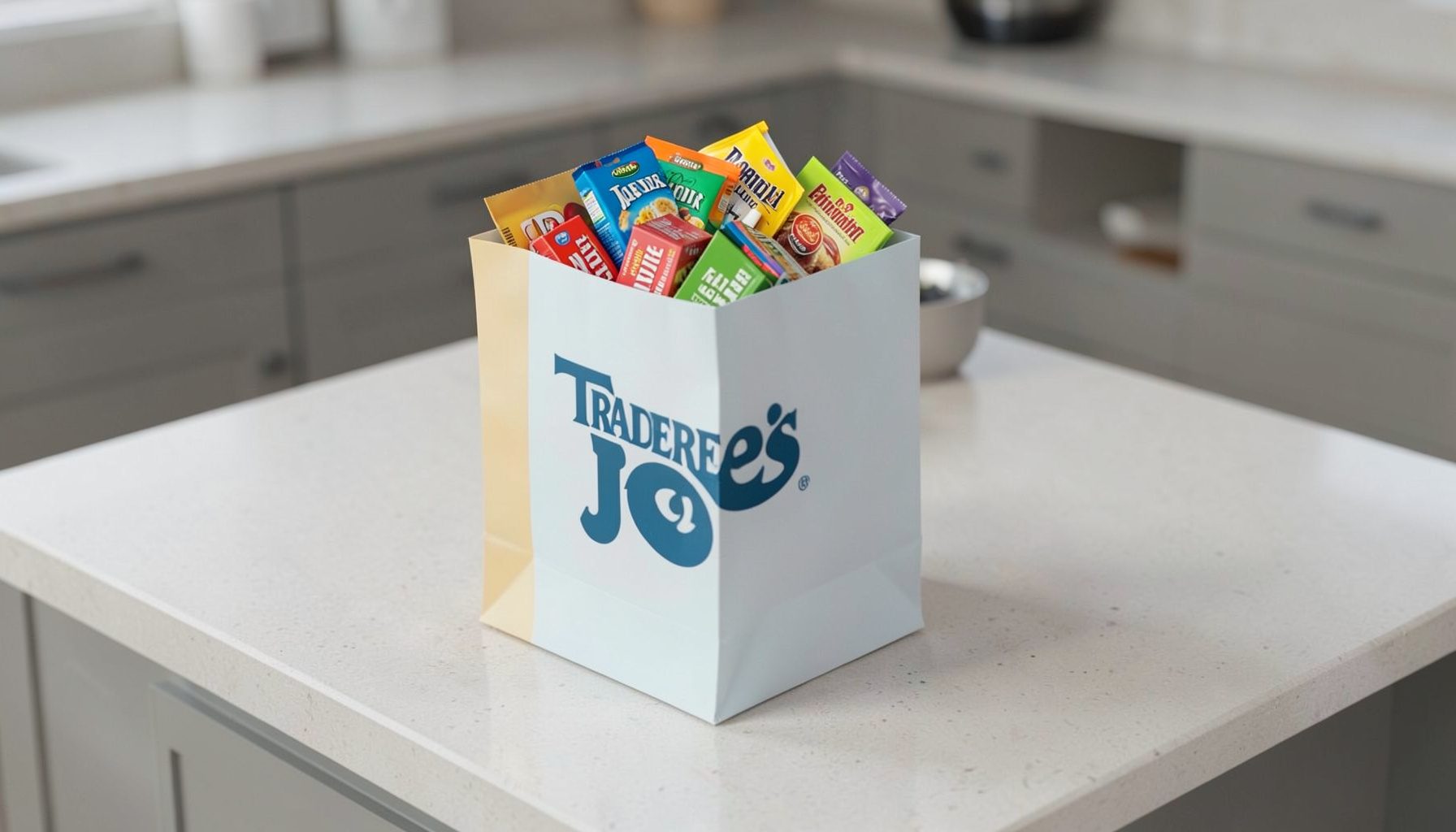 A Trader Joe's shopping bag on a kitchen island with an assortment of packaged family-favorite items spilling out, bright and colorful packaging against a neutral countertop.