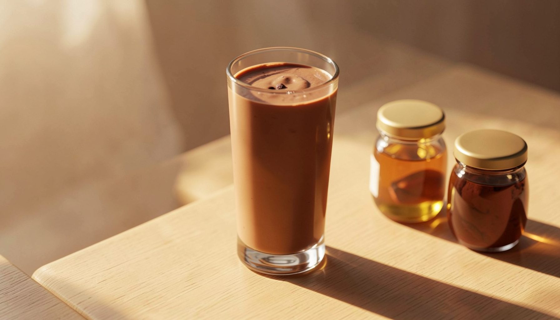 A tall glass of cacao honey almond milk on a sunlit table, with raw cacao and honey jars nearby, warm golden and brown hues.
