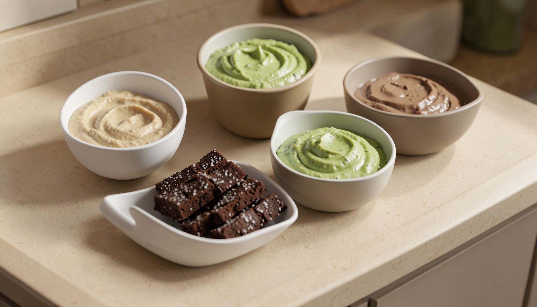 A warm kitchen countertop with bowls of fresh hummus, dark chocolate coconut bars, and creamy avocado chocolate pudding, in soft natural light with earthy beige and green tones.