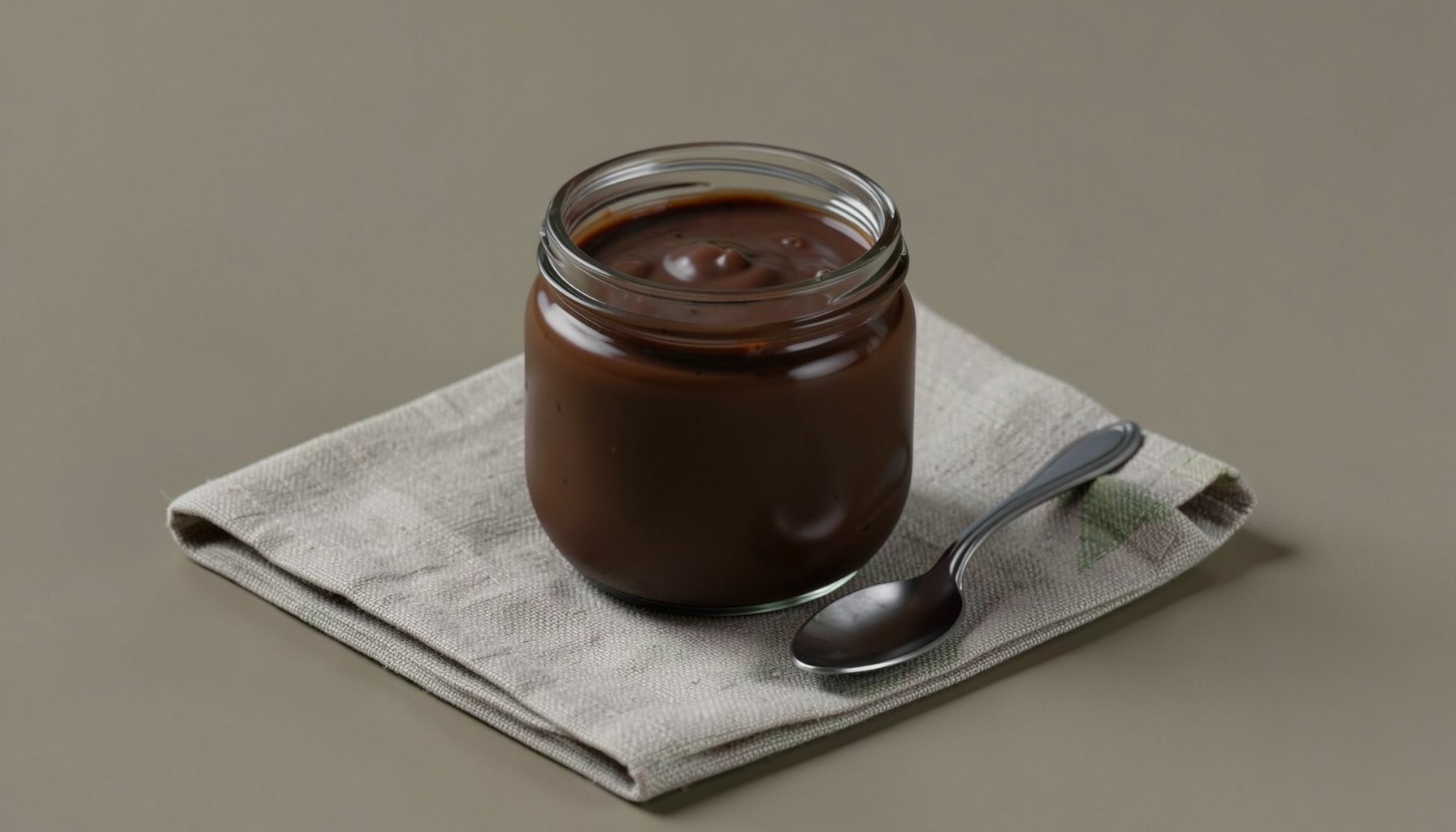 A small glass jar of avocado chocolate pudding, silky and dark, with a spoon resting beside it on a linen napkin, deep brown and soft green accents.