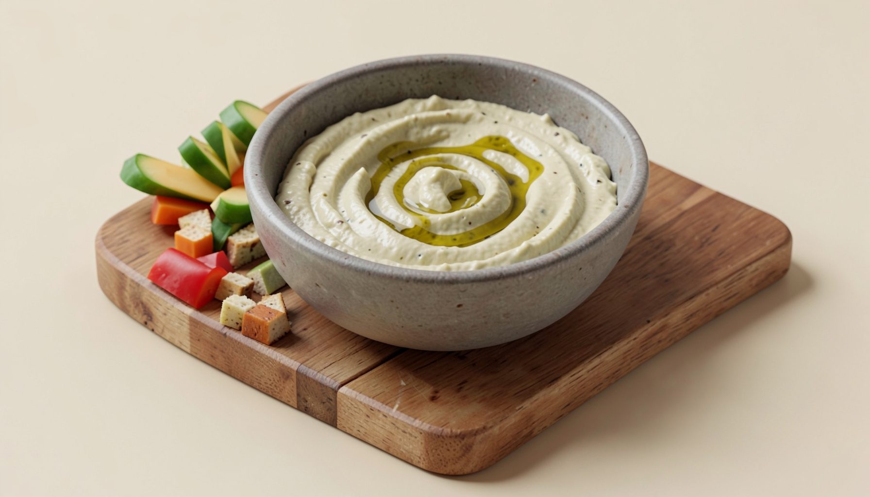A rustic bowl of everything bagel hummus swirled with olive oil, surrounded by crunchy vegetables on a wooden board, warm beige and cream tones.