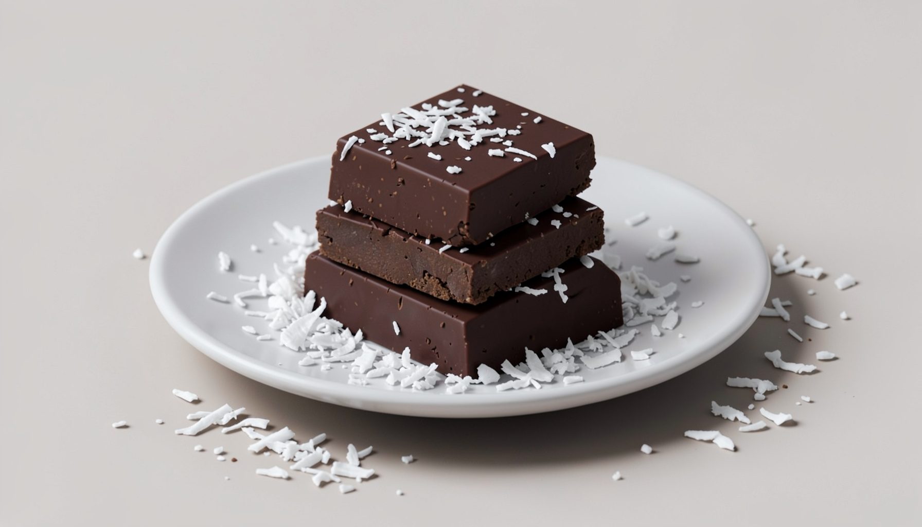 Dark chocolate coconut protein bars stacked on a plate, with shredded coconut scattered around, rich brown and white tones.