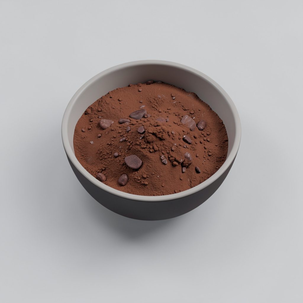 A warm isometric 3D render of a kitchen countertop with a steaming mug of dairy-free cocoa, a whisk, and scattered ingredients in soft cream and chocolate-brown tones against a cozy neutral background.
